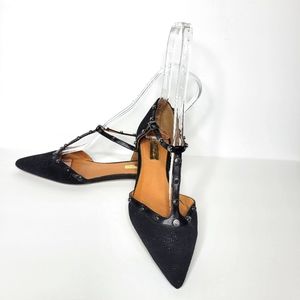 Halogen "Olsen" Women's Black Studded T-Strap Pointed Toe Flat Shoes Size 7M